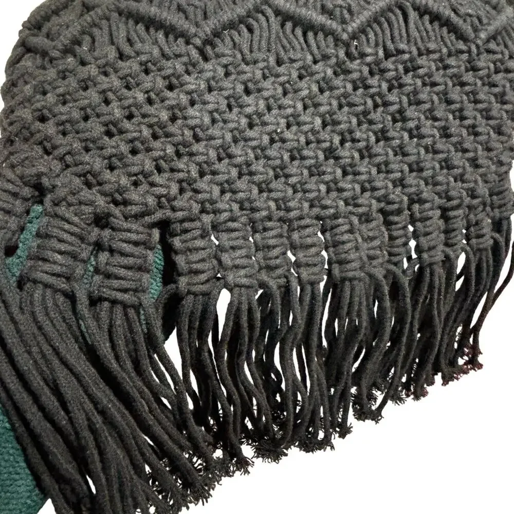 Danielle Nicole black macrame crossbody bag fringed purse mod wood handles - Picture 4 of 9